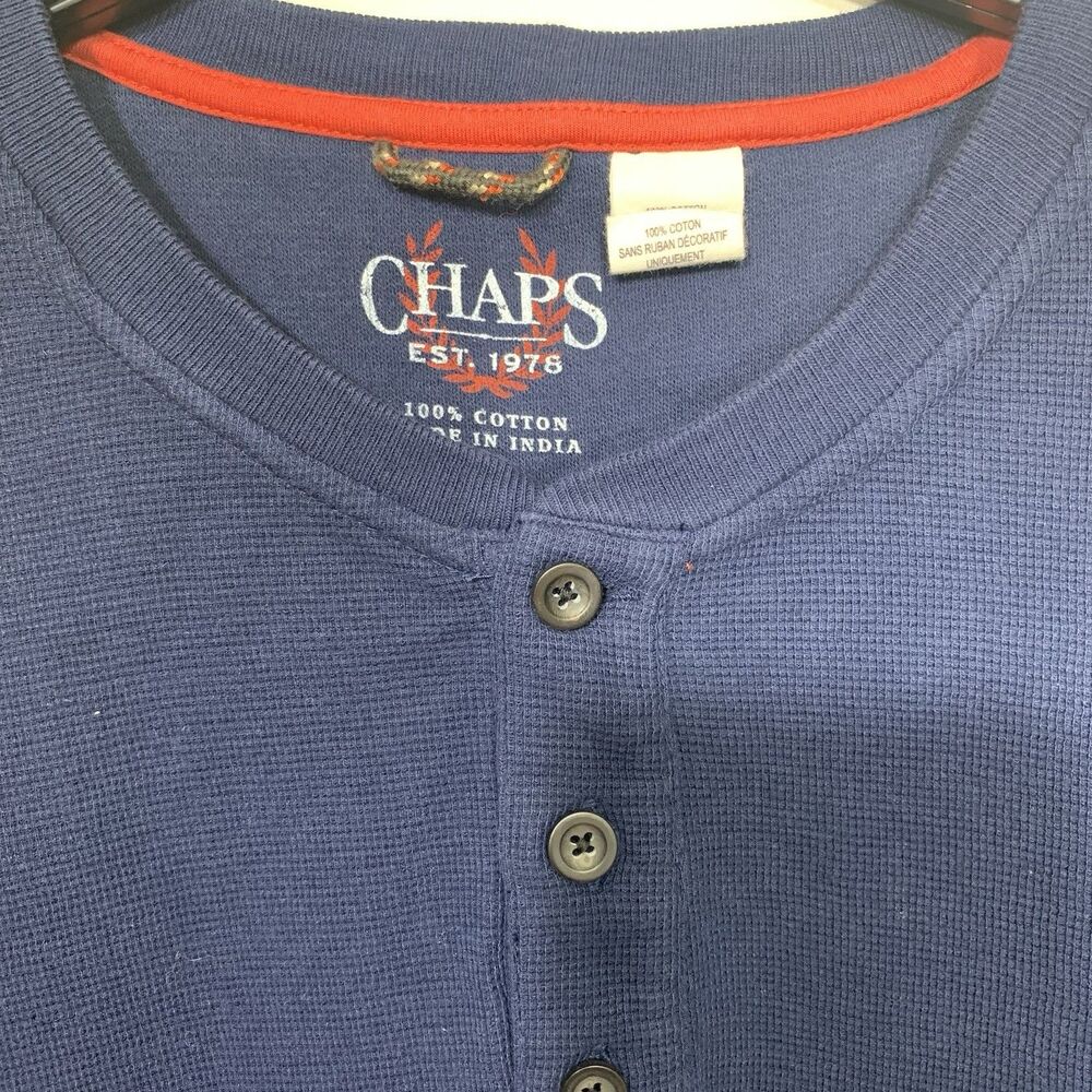 Chaps Henley Shirt Mens XL Navy Blue Long Sleeve Waffle Knit Cotton Thermal - Picture 4 of 6